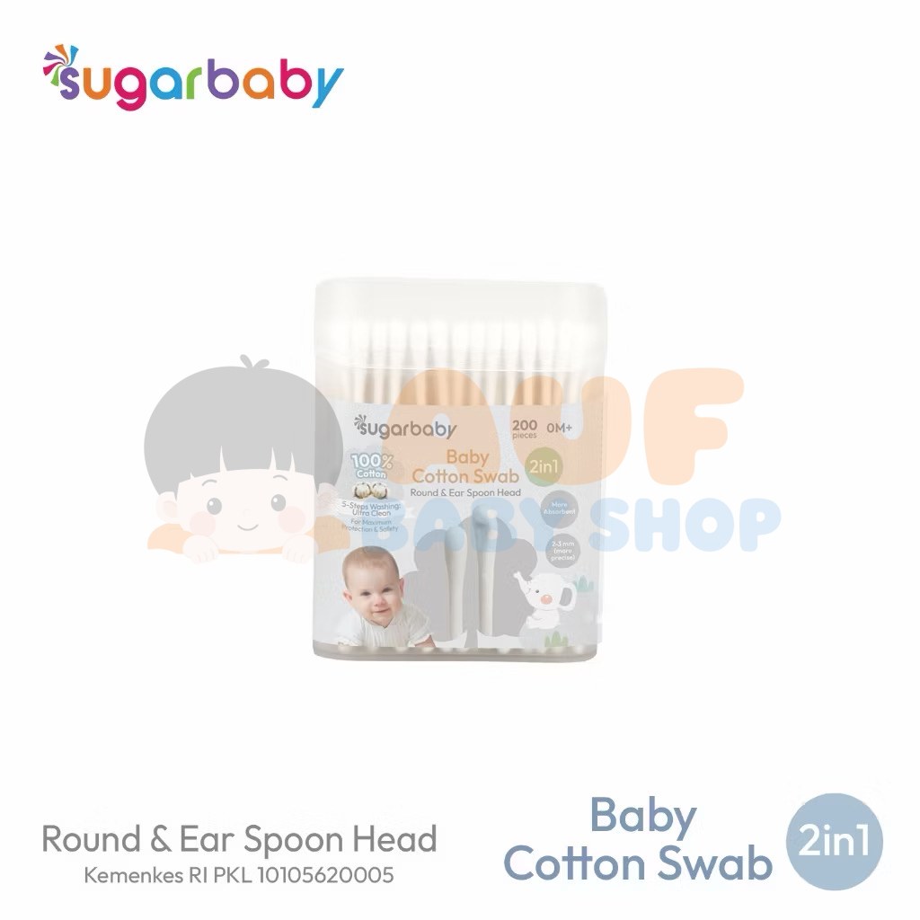 Sugarbaby Baby Cotton Swab 2in 1 Mix Type 200PCS Round & Ear Spoon Head